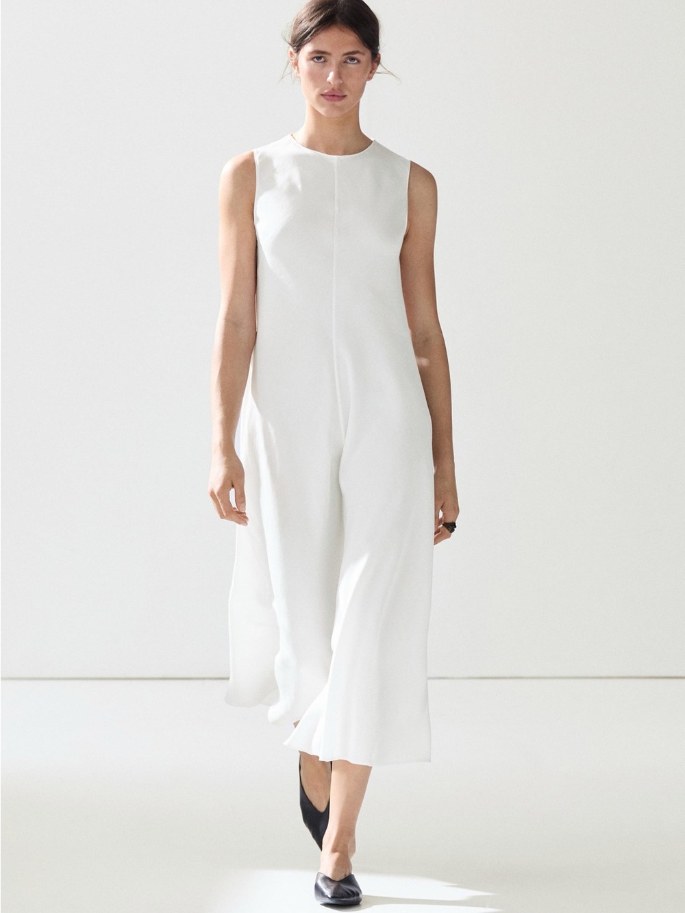 Zara Woman Collection Linen Blend Midi Dress Oyster White Size M NWT